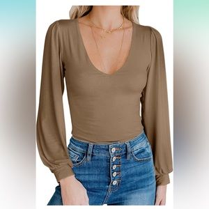 Brown V Neck Bodysuit | Puff Sleeve